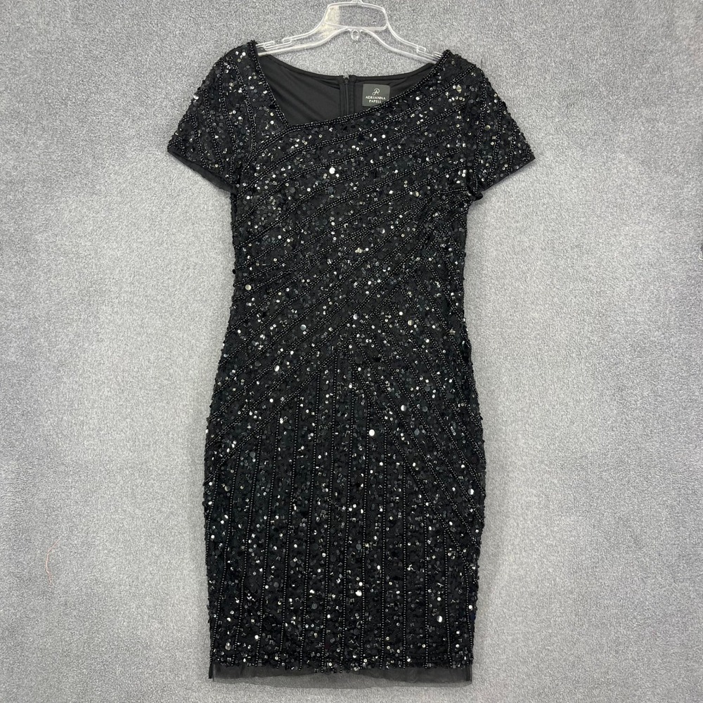 Adrianna Papell Beaded Sequin Dress Womens 10 Black Asymmetrical Cocktail Formal